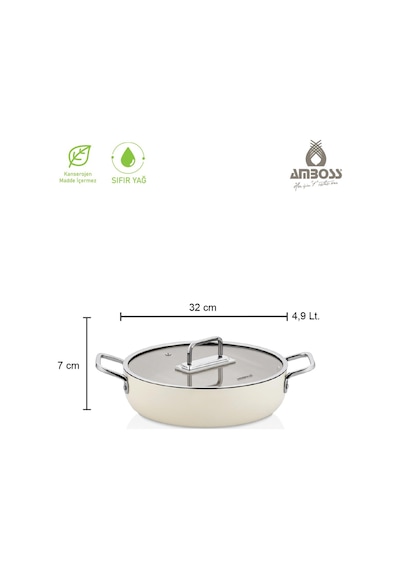 Sera Nova Doğal Seramik Basık Tencere 32 Cm 4.9 Litre Latte Krem
