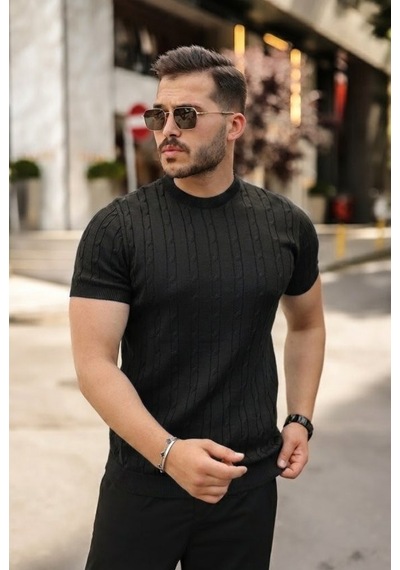 Veraura Lifestyle Erkek Örgü Desen Bisiklet Yaka Triko Tişört - %100 Pamuk Akrilik Siyah