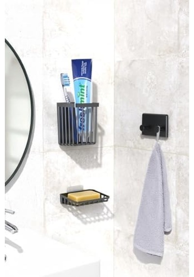 Banyor 6'lı Banyo Seti Yapışkanlı Banyo Düzenleyici Şampuanlık Diş Fırçalık Sabunluk Askılık Takımı Siyah Açık Ahşap
