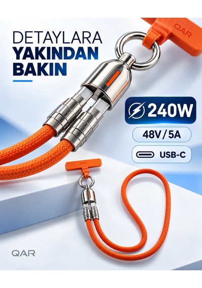 Qar Usb-c To Usb-c Askılı Şarj Ve Data Kablosu 240w 48v 5a Hızlı Şarj Örgülü Boyun Askılı Telefon Askı Aparatlı Turuncu