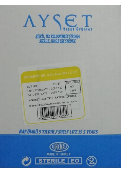 Ayset İnsilün Enjektörü 0.5 ML (0.30 x 8Mm 30G x 5/16) 50 Adet