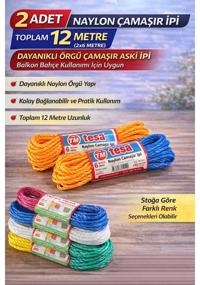 2 Adet Naylon Çamaşır İpi 6 Metre Dayanıklı Örgü Çamaşır Askı İpi Toplam 12 Metre Beyaz - Siyah
