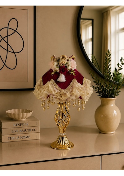 Bordo Kadife Kaplı Çiçek Süslemeli Başlık Gold Metal Ayaklı Vintage Abajur