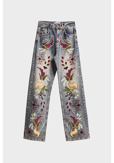 Itsbasic Kadın T.kot Rengi 4w5-9 Loose Fit Egzotik Çiçek Nakışlı İç Boy 80cm Özel Tasarım Denim Jean