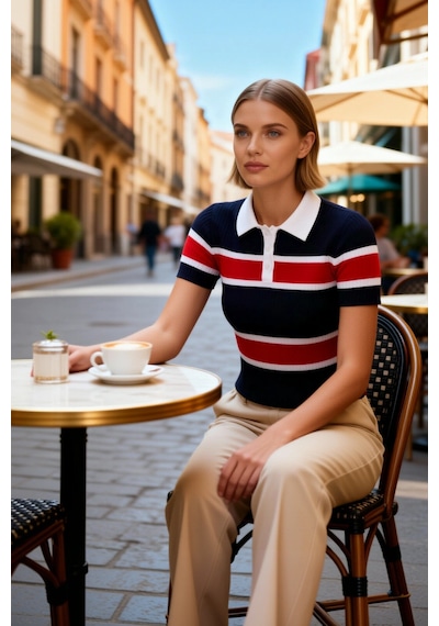 Benerly Kadın Bluz Polo Yaka Kısa Kol Triko İnce Fitilli Desenli Fitted K Ekru