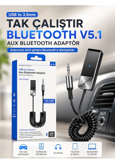 5.1 Aux Araç Kiti Bluetooth Çevirici Adaptör 3.5mm Jack Tak Çalıştır Kablosuz Müzik Alıcı 10m