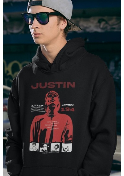 Justin Bieber Baskılı Unisex Oversize Şarkıcı Hoodie Siyah