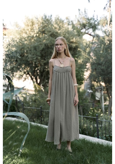 Mai Collection Mai Studios Co. Torrora Uzun Haki Keten Elbise Haki