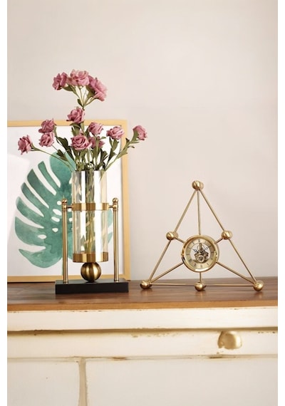 Chacha Home Luxury Üçgen Space Geometrik Sanat Masa Saati Lüks Dekoratif & Modern Hediyelik 35x30x5 Cm Gold