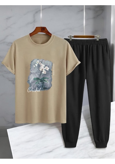 Uyguntarz Unisex Saksı Tasarım Basklı Tshirt Eşofman Takımı Bej