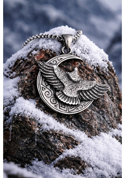 Gotik Stil Güç Sembolü Paslanmaz Çelik Kartal Figürlü Hilal Ay Erkek Kolye Metalik