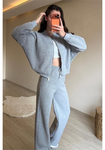 Neşeli Butik Kadın Fermuarlı Oversize Sweat Ve Yüksek Bel Eşofman Takımı Nm018 Gri Melanj