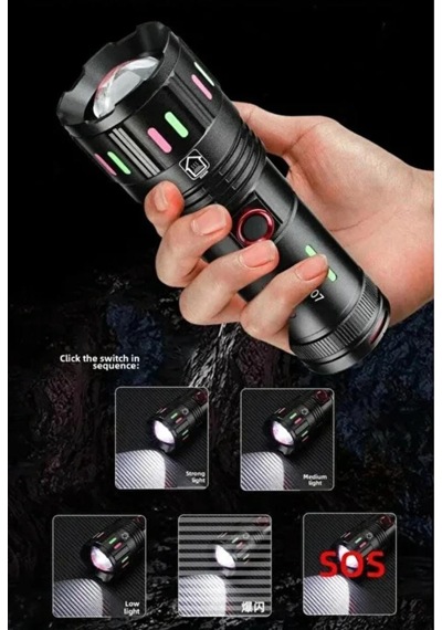 Led El Feneri 2000 Lümen Usb Şarj Edilebilir Flash Işığı Yüksek Güçlü El Feneri Siyah
