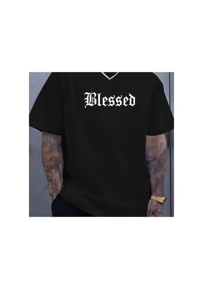 Caddemia Yaz  Moda Rahat Gevşek Kutsanmış Harf Desen Baskılı Spor Yuvarlak Boyun Siyah 2XL