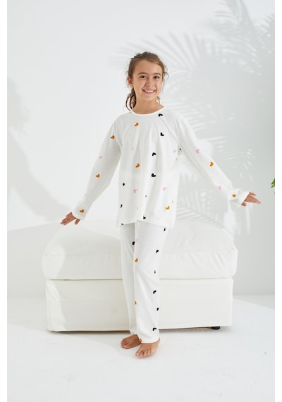 Siyah İnci Pamuklu Pijama Takımı 7681 Beyaz Renkli Kalp