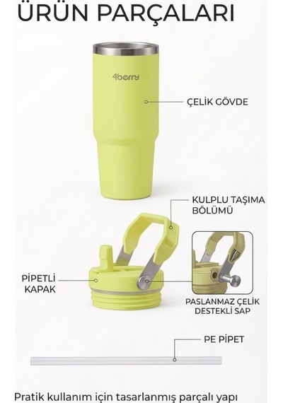 Ss119 900 Ml Çelik Termos Bardak Pipetli Kulplu Taşınabilir Su Matarası Yeşil