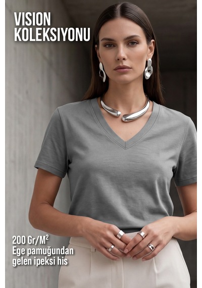 Goffra Kadın Vision V Yaka Premium Kalite Yoğun Dokulu Pamuklu T-shirt Koyu Gri W102-r0220-05