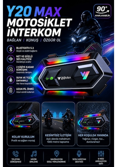 Motosiklet Kask Bluetooth Kulaklık Mikrofonlu Su Geçirmez Gürültü Önleyici Rgb Işıklı Kablosuz Kask İçi Kulaklık İnterkomlu
