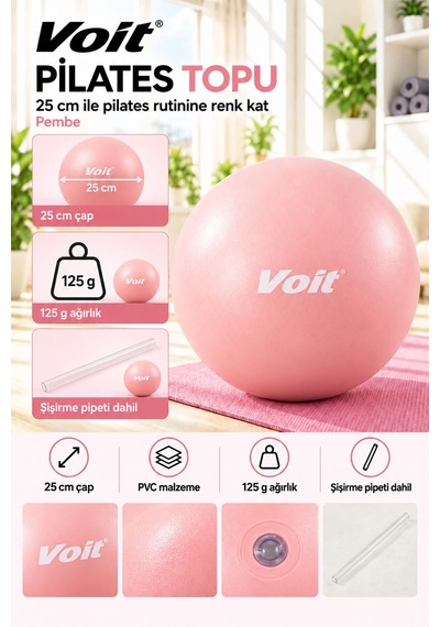 25 cm Mini Pilates Topu Yoga Fitness Egzersiz ve Denge Topu Şişirme Pipeti Dahil Pembe