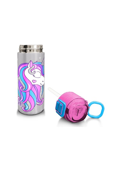 Coral High Kids Pembe Gümüş Unicorn Desenli Pipetli Ve Direkt İçim Çelik Termos 500 Ml 31821 Gümüş