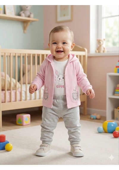 Kız Bebek Tavşan Baskılı %100 Pamuklu Kapşonlu Hırka Body Ve Pantolon 3'lü Takım Açık Pembe
