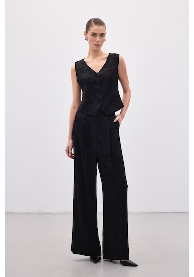 Sateen Jakarlı Bol Pantolon - Siyah-136818 siyah