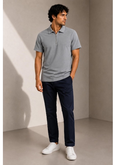 Alexandergardi Kısa Kollu Fermuarlı Polo Yaka T-shirt Gri