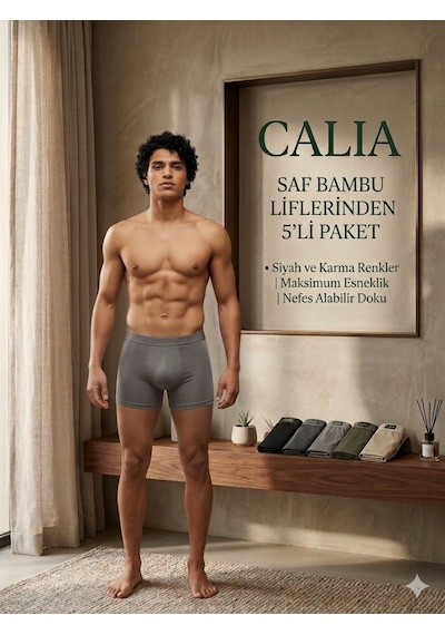 Qulat Calia 5'li Paket Erkek Bambu Boxer - Esnek Ve Nefes Alabilir Rahat Kalıp Karma Renk Seti Gri