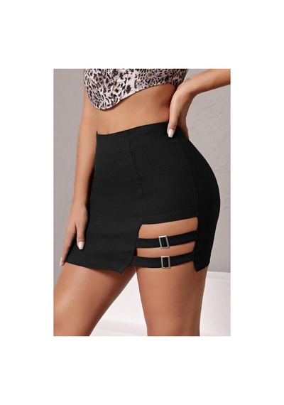 Gugus Kadın Mini/kısa Tokalı Çelik Örme Kumaş Etek Siyah