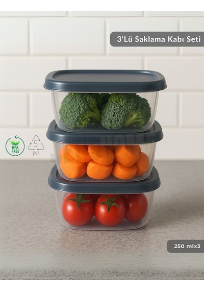 3'lü Saklama Kabı Seti Kare Erzak Kabı Bpa Free Derin Dondurucu İçin Uygun 250 Ml Şeffaf