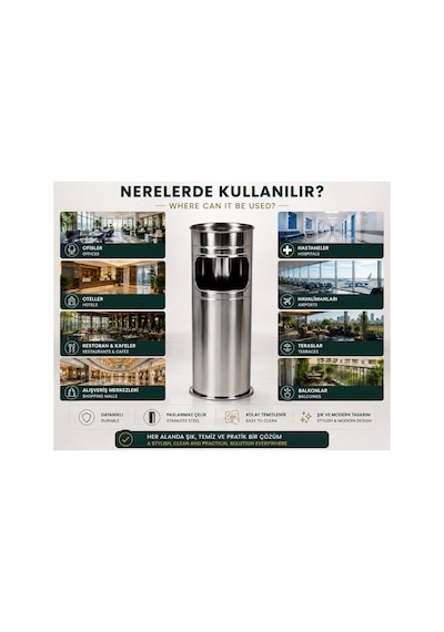 Paslanmaz Çelik, Çıkarılabilir Küllüklü Kolon Tipi Çöp Kovası 19 X 60 Cm, Bahçe,teras,ofis,otel,kafe,restoran,balkon Ve İşletmeler İçin Silindir Çöp Kutusu Gri