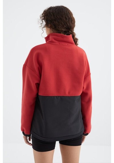 Tommy Life Fiesta Yarım Fermuar Etek Ucu Büzgülü Dik Yaka Oversize Kadın Polar Sweatshirt - 97236 Kırmızı