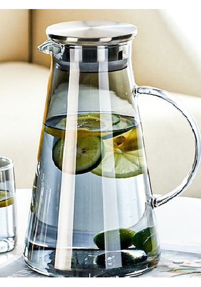 Borosilikat Cam Metal Kapaklı Lüks Sürahi 1900 Ml Füme