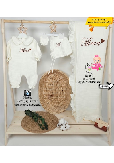 Gros Shop Yakalı Müslin Kumaş Hastane Çıkış Mevlüt Seti %100 Pamuk Organik Ekru