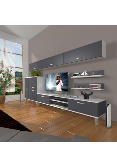 Decoraktiv Eko 8 Mdf Dvd Krom Ayaklı Tv Ünitesi Tv Sehpası Beyaz - Antrasit