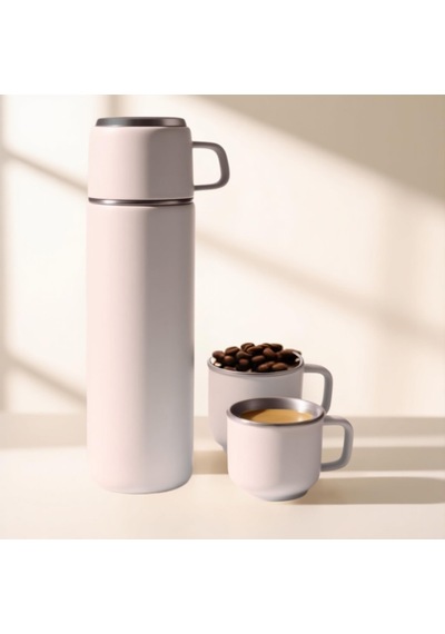Paslanmaz Çelik 3 Bardaklı Matara Seti-500 Ml Krem