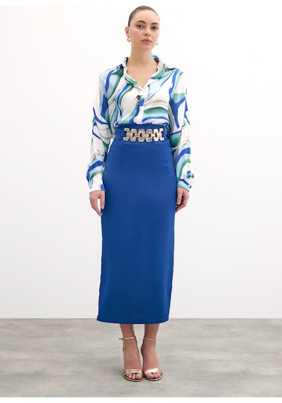 Sateen Gold Aksesuarlı Uzun Etek - Saks Mavi-135888 Saks Mavi