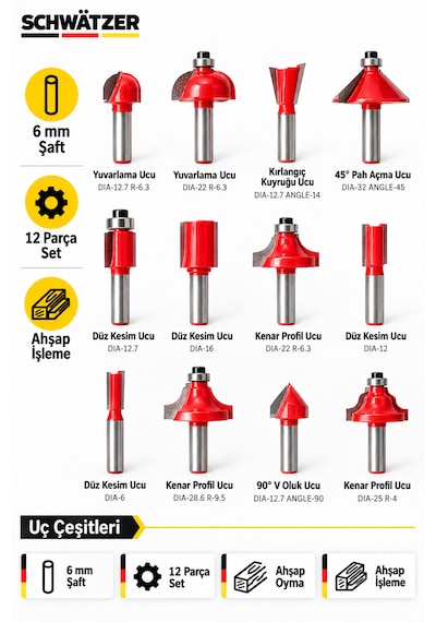 Schwatzer Alman 12 Parça 6 Mm Ahşap Freze Uç Seti Oyma Kanal Açma Kenar Şekillendirme Kutulu Takım