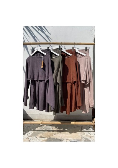 Unika Boutique Ham Keten Bohem Bluz Etek Takım kahverengi