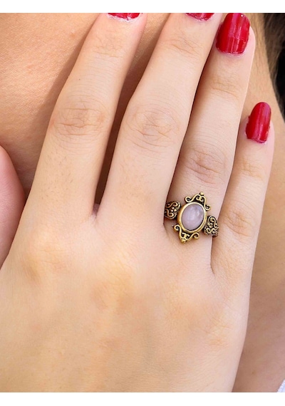 Doğal Taş Pembe Kuvars Taşlı Antik Model Kadın Ayarlanabillir Yüzük Euy78pk Pembe