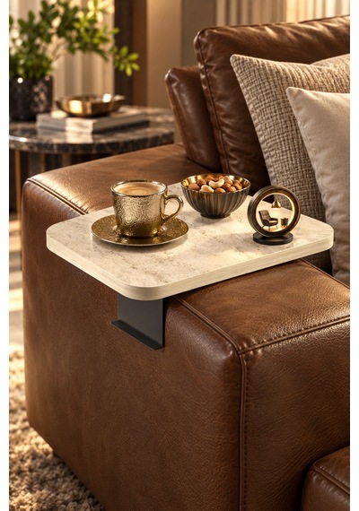 Odera Traverten Ekru Ayarlanabilir Koltuk Kolu Sehpası 40x40 Cm Metal Destekli Modern C Sehpa Diğer