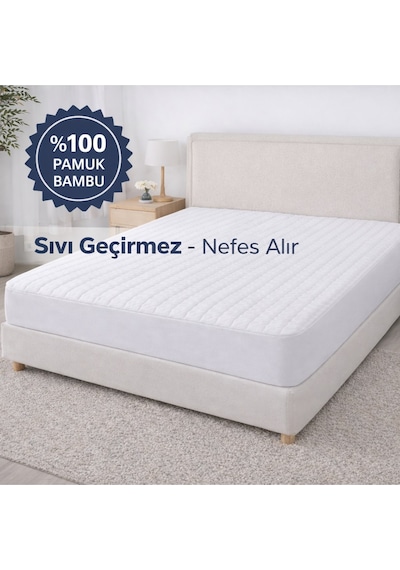 %100 Pamuk Bambu Lastikli Çarşaf Tipi Fitted Alez Sıvı Geçirmez Yatak Koruyucu Beyaz