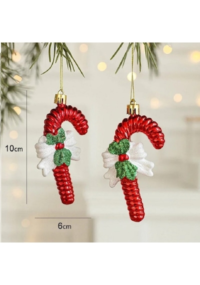 Vıp Deluxe 3 Adet Fiyonklu Baston Çubuk Yılbaşı Ağaç Süsü 10 Cm Parlak Simli Kırmızı Noel Süsleri