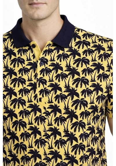 Suma Erkek Pike Kumaş Polo Yaka Palmiye Desenli Tişört Kısa Kol Yazlık T-shirt - Sarı