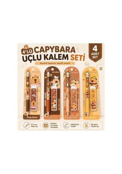 4'lü Sevimli Karakterli Uçlu Kalem Seti 0.7 Mm Yedek Uçlu Capybara Capybara