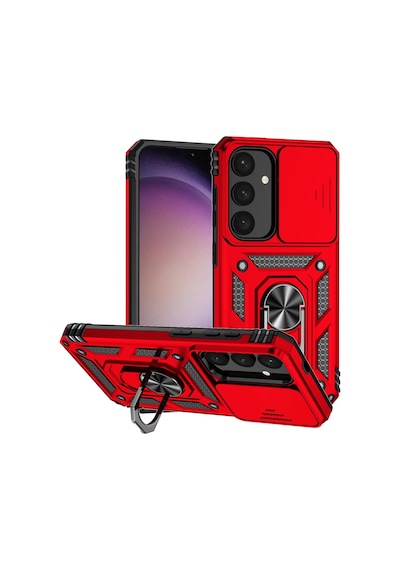Samsung Galaxy S25 Plus Uyumlu Kamera Sürgülü Tank Kılıf Ve Temperli Cam Ekran Koruyucu Set Kırmızı
