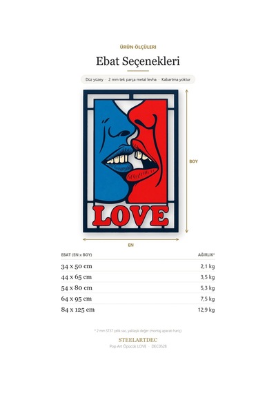 Pop Art Öpücük Love Metal Tablo 84x125 Cm Çok Renkli