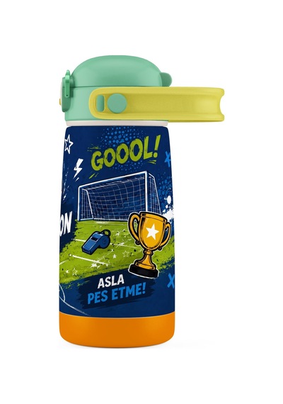 Puccon 420 Ml Erkek Çocuk Lacivert Yeşil Futbol Topu Baskılı Pipetli Çelik Okul Suluğu Matarası - 60029 Çok Renkli
