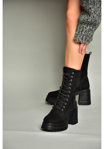 Fox Shoes T973559002 Siyah Süet Kalın Topuklu Kadın Postal Bot Siyah