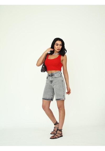 Boru Paça Denim Şort Gri